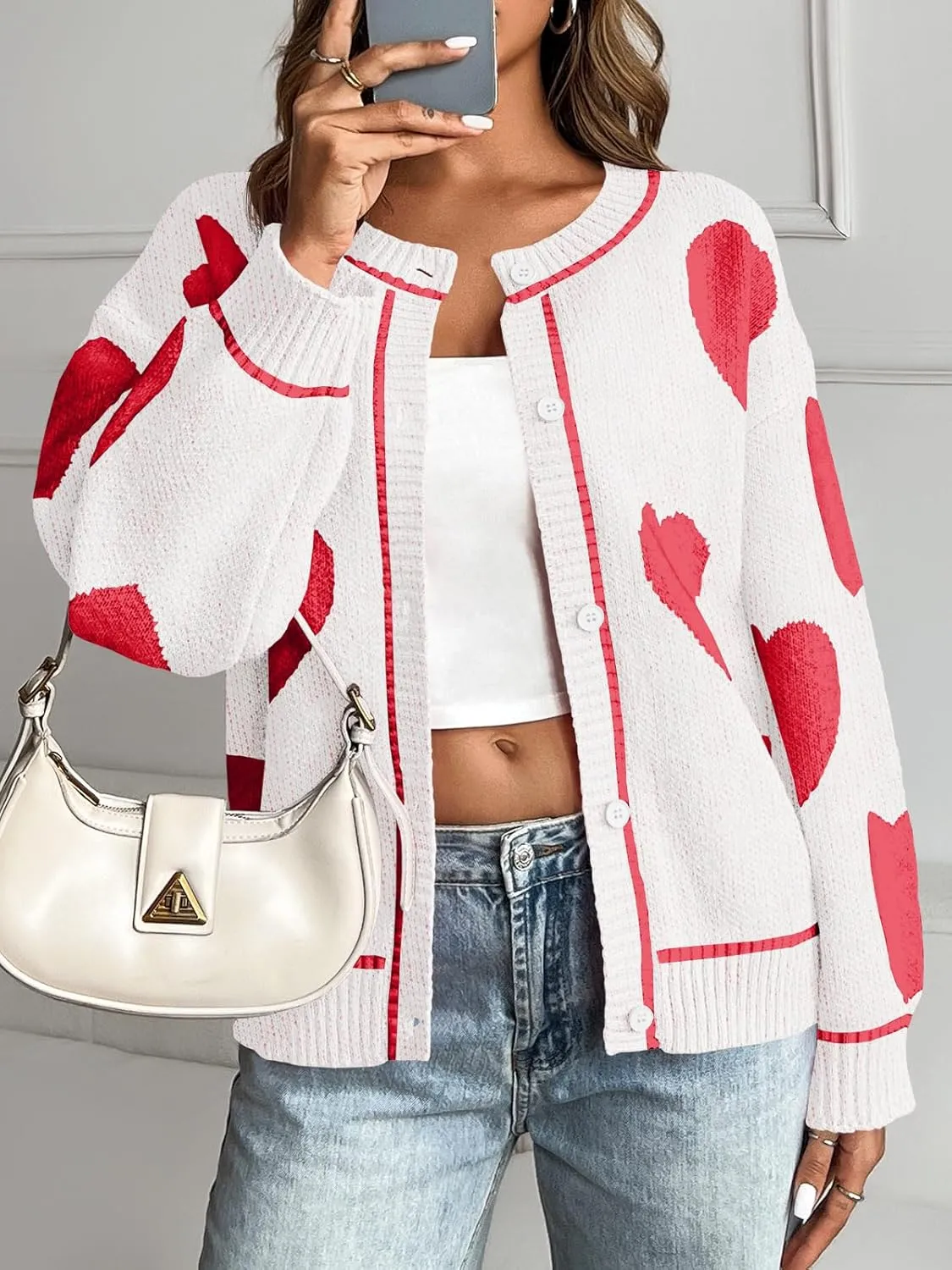 Saodimallsu Womens Cute Heart Cardigan Sweaters Chunky Knit Button Down Crewneck Long Sleeve Sweater Coat