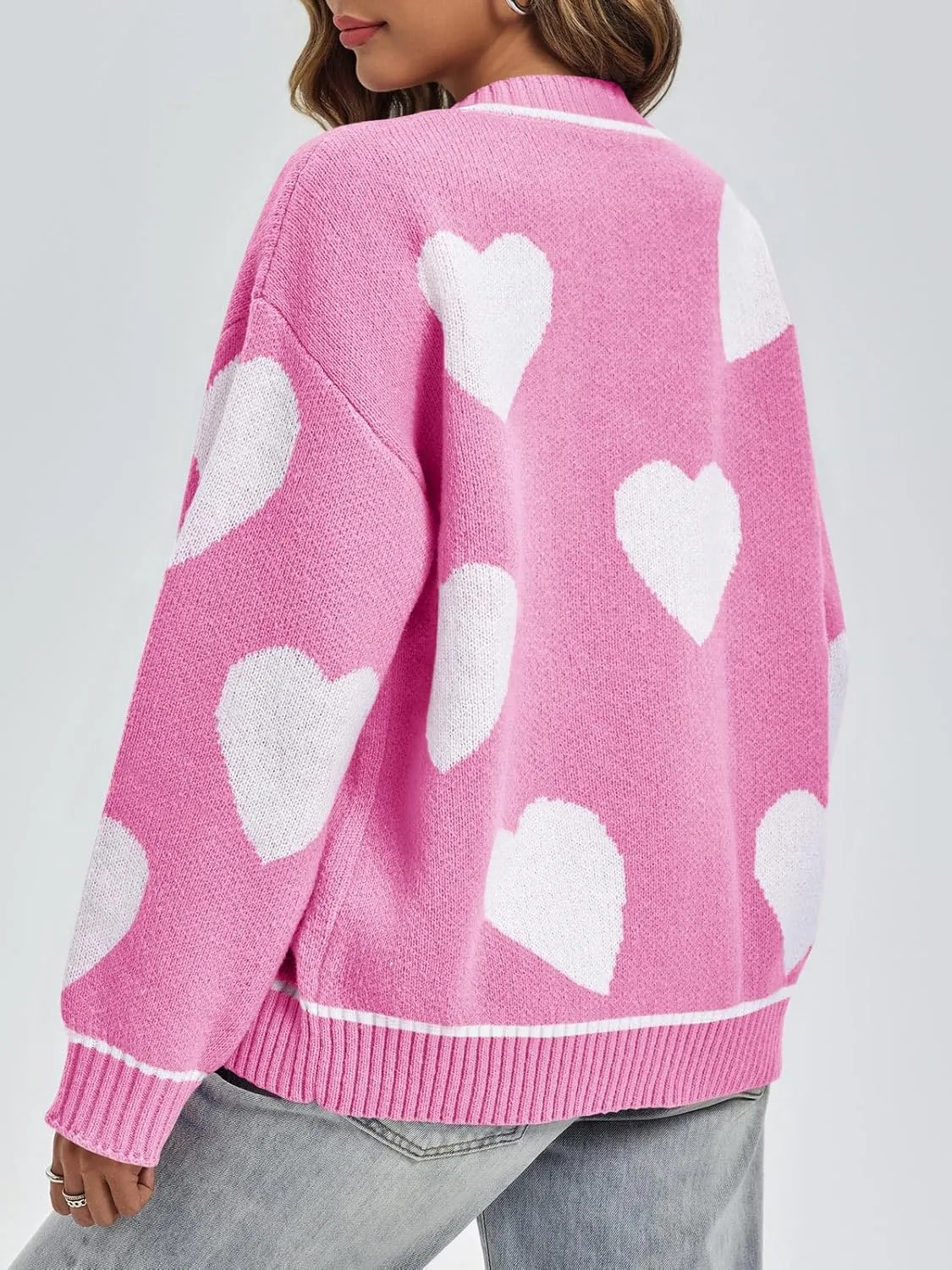 Saodimallsu Womens Cute Heart Cardigan Sweaters Chunky Knit Button Down Crewneck Long Sleeve Sweater Coat