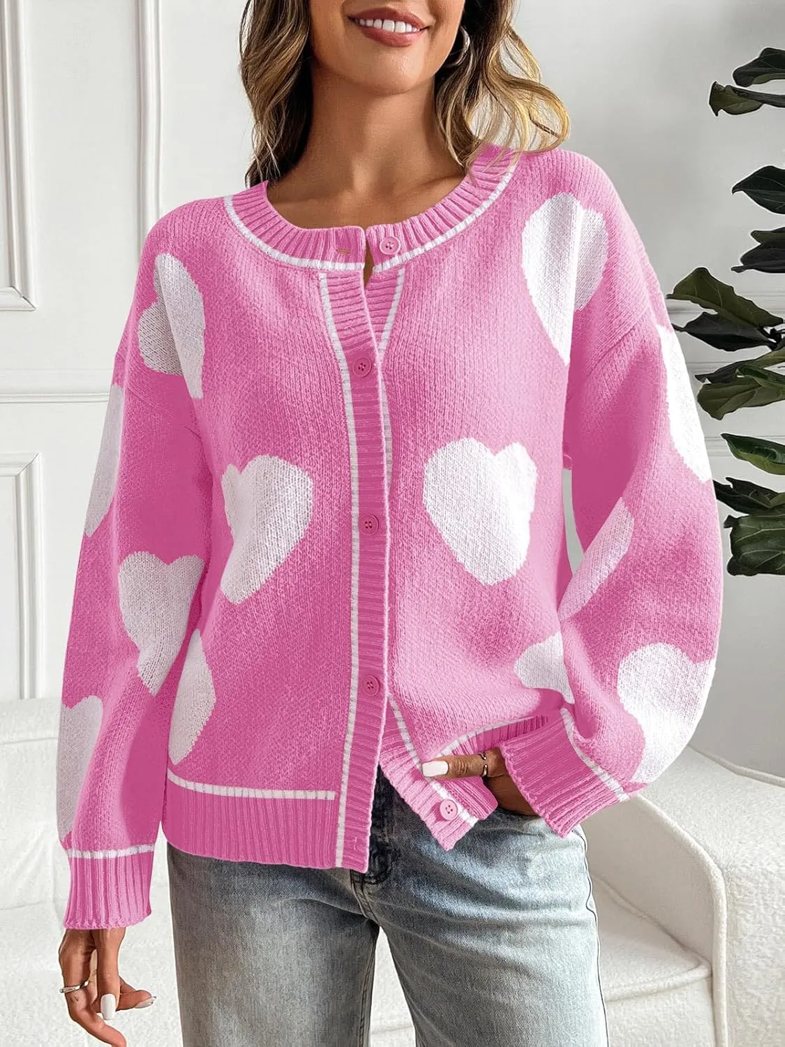 Saodimallsu Womens Cute Heart Cardigan Sweaters Chunky Knit Button Down Crewneck Long Sleeve Sweater Coat