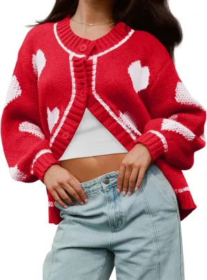 Saodimallsu Womens Cute Heart Cardigan Sweaters Chunky Knit Button Down Crewneck Long Sleeve Sweater Coat