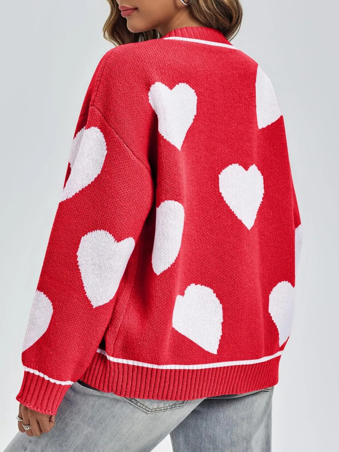 Saodimallsu Womens Cute Heart Cardigan Sweaters Chunky Knit Button Down Crewneck Long Sleeve Sweater Coat