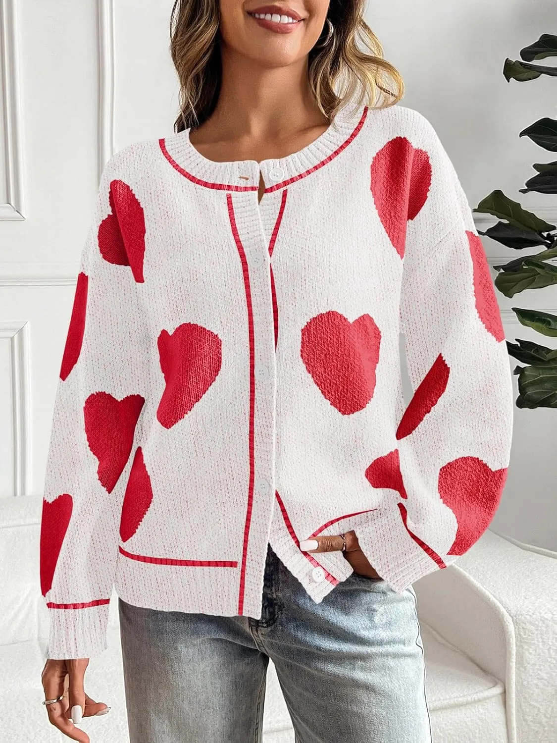 Saodimallsu Womens Cute Heart Cardigan Sweaters Chunky Knit Button Down Crewneck Long Sleeve Sweater Coat