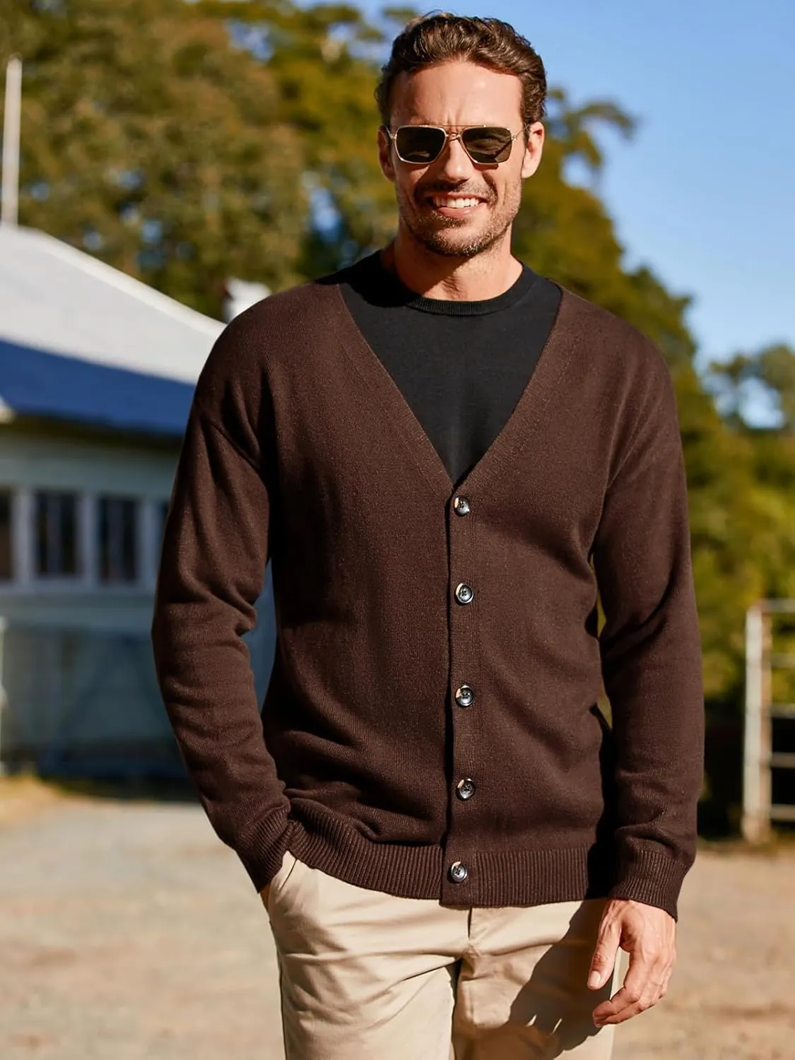 Shanfetl Men's Lightweight Cardigan Sweater Single-Breasted V-Neck Knitted Cardigans