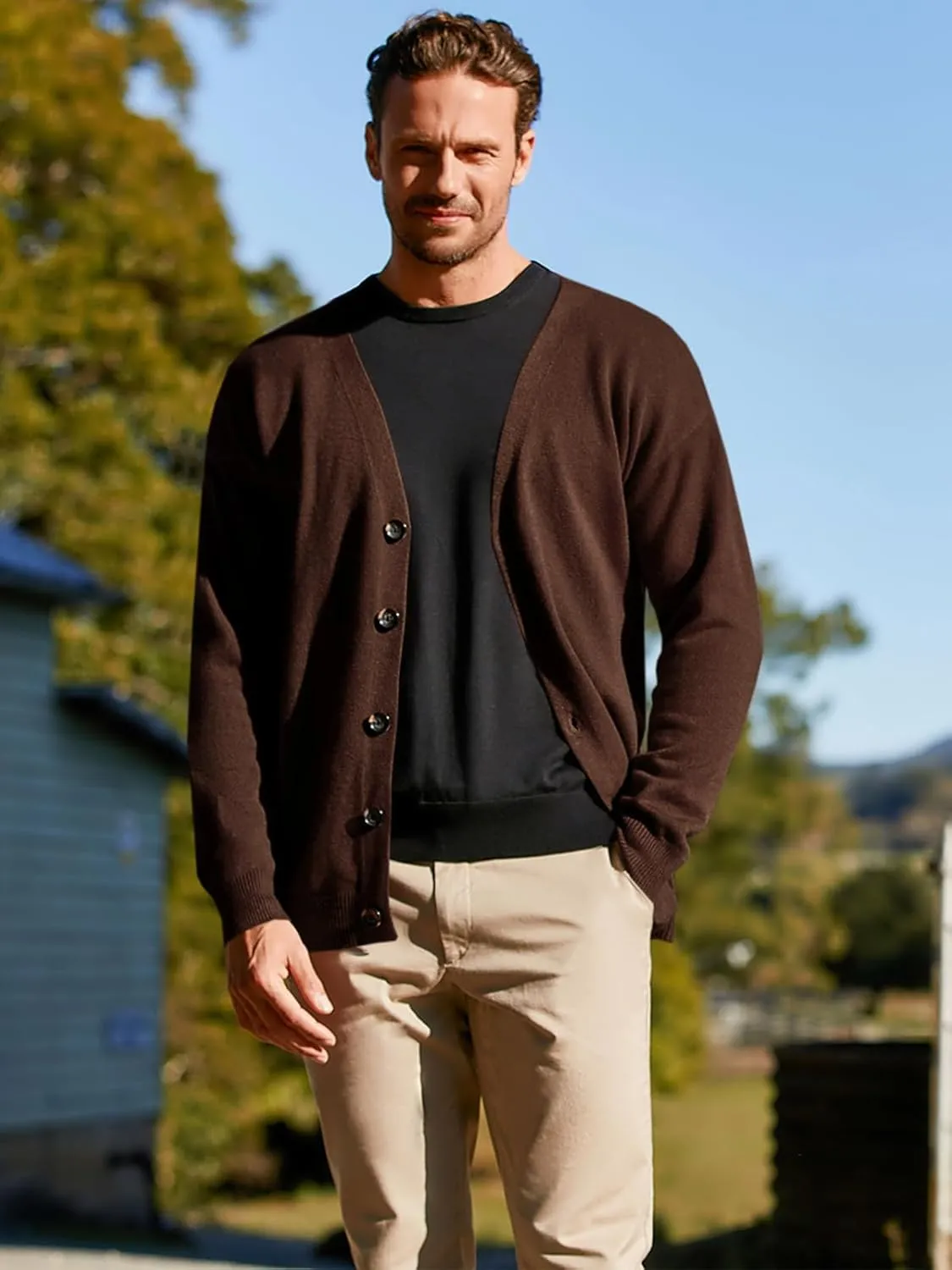 Shanfetl Men's Lightweight Cardigan Sweater Single-Breasted V-Neck Knitted Cardigans