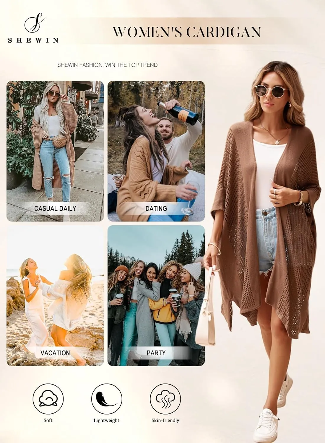 SHEWIN Cardigan Sweaters for Women 3/4 Sleeve Open Front Cover Up Crochet Lightweight Summer Cardigans Sweater