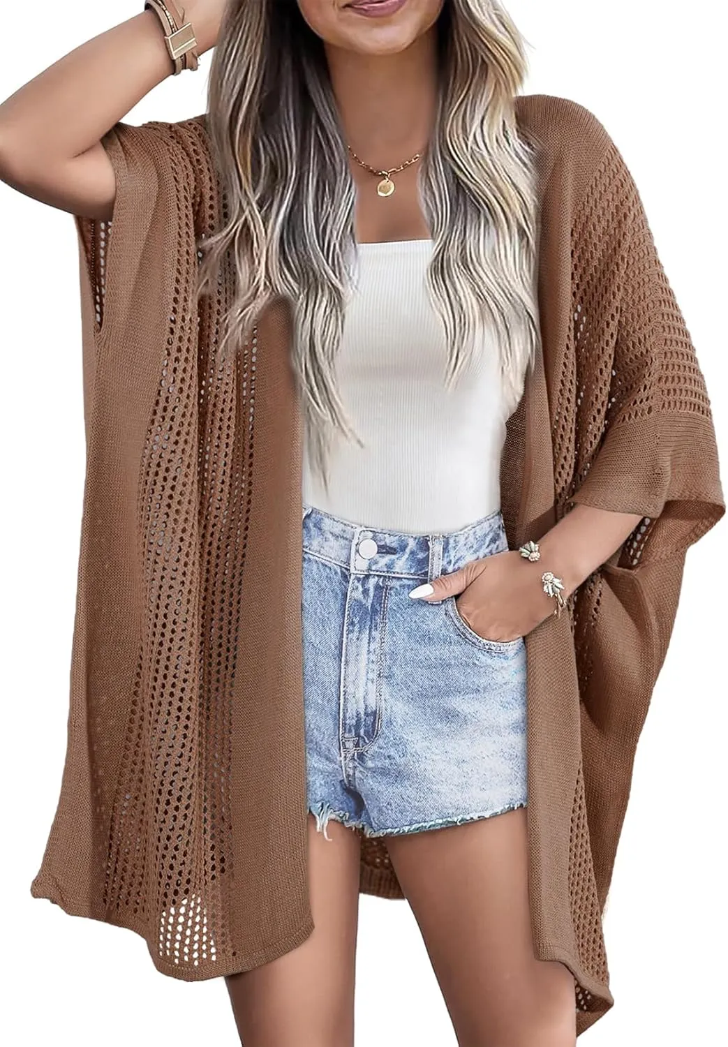 SHEWIN Cardigan Sweaters for Women 3/4 Sleeve Open Front Cover Up Crochet Lightweight Summer Cardigans Sweater