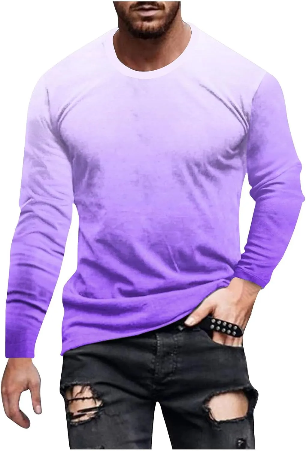 Shirts for Men Long Sleeve Casual Loose Gradient Color Print Crewneck Sweatshirt Lightweight Gym Workout Pullover Top