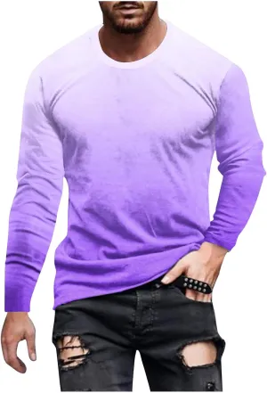 Shirts for Men Long Sleeve Casual Loose Gradient Color Print Crewneck Sweatshirt Lightweight Gym Workout Pullover Top