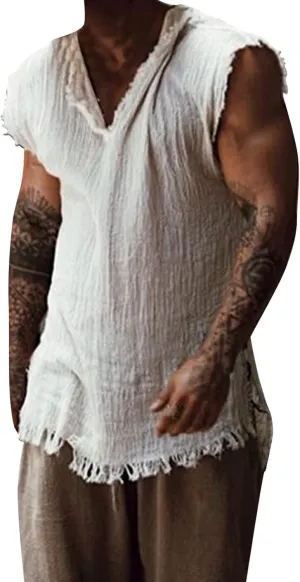 Sleeveless Tank Tops for Men Summer Workout Linen Vintage Gym Sports Fitness Bodybuilding Athletic-Fit T Shirts Vests