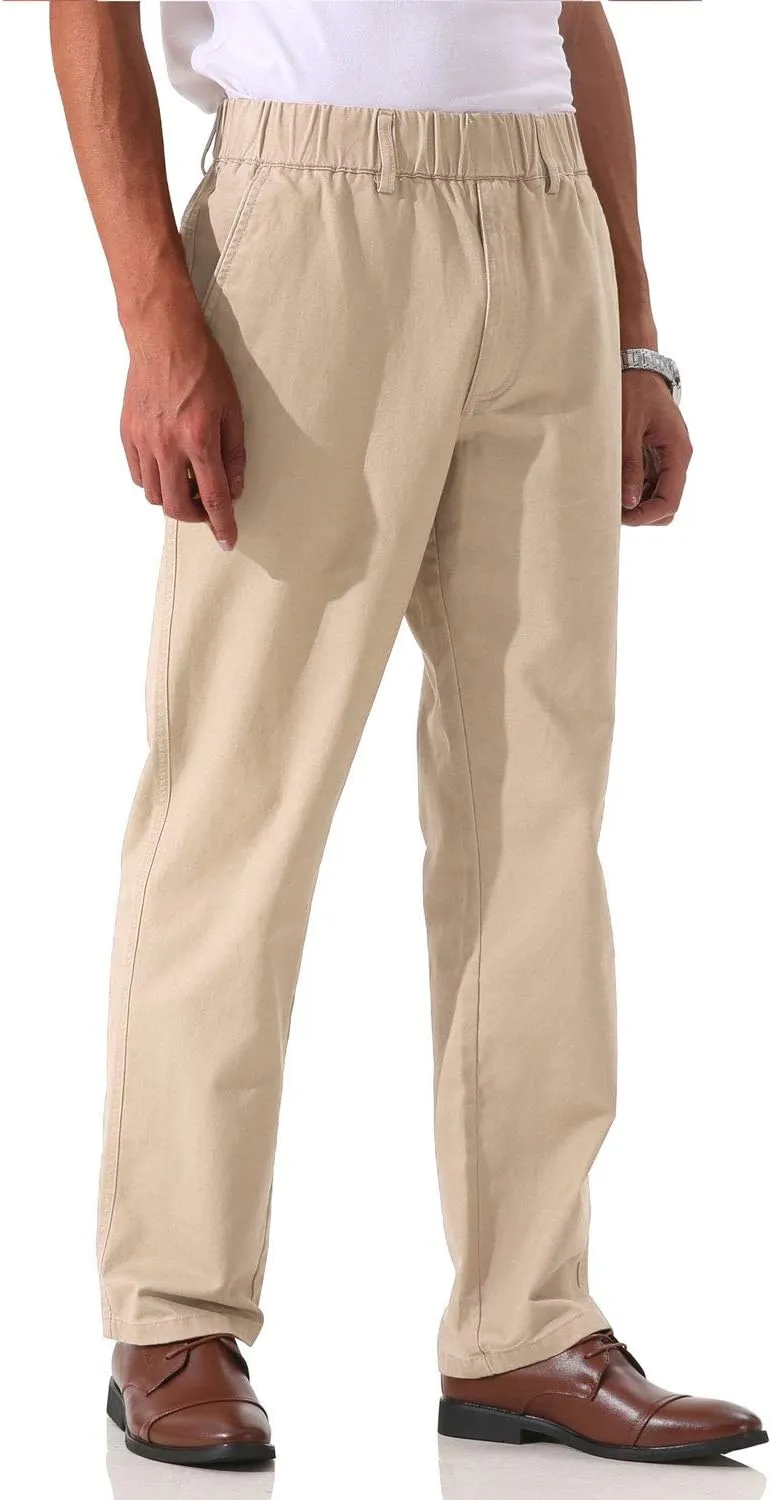Soojun Men's Cotton Relaxed Fit Full Elastic Waist Twill Pants