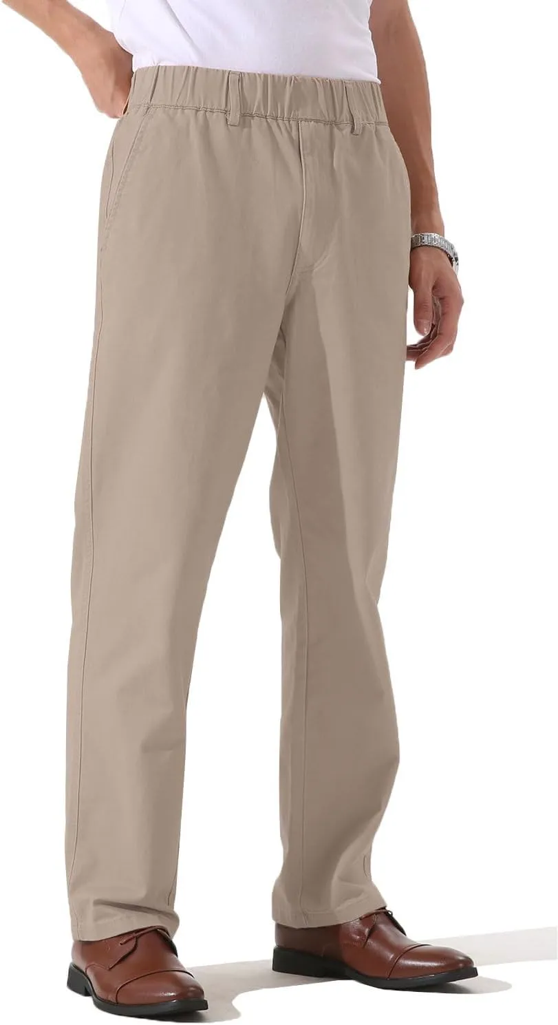 Soojun Men's Cotton Relaxed Fit Full Elastic Waist Twill Pants