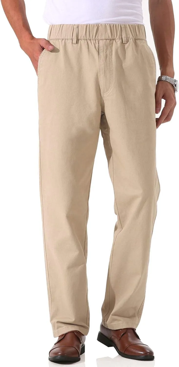 Soojun Men's Cotton Relaxed Fit Full Elastic Waist Twill Pants