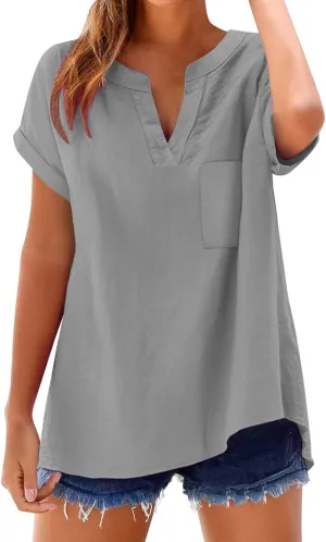 Summer Linen Shirts for Women 2025 Casual Short Sleeve Solid T-Shirts Trendy Loose Fit V-Neck Tops with Pocket