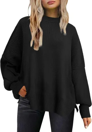 Sweaters for Women Side Slit Trendy Long Sleeve Half Turtleneck Pullover Oversized Lantern Knit Sweater Tops
