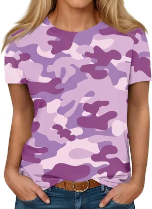 T Shirts for Women Camouflage Print Cute Going Out Tops Short Sleeve Crew Neck Shirts Blouses Casual Clothes Trendy S-5xl