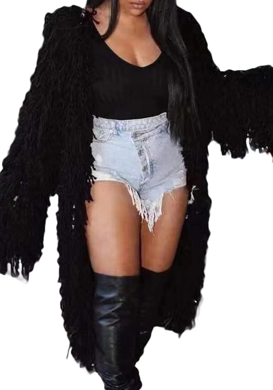 Tcremisa Women's Open Front Crochet Cardigans Long Sleeve Chunky Cable Knit Fringe Sweater Coats for Winter