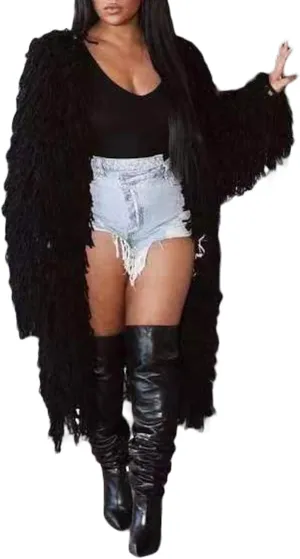 Tcremisa Women's Open Front Crochet Cardigans Long Sleeve Chunky Cable Knit Fringe Sweater Coats for Winter