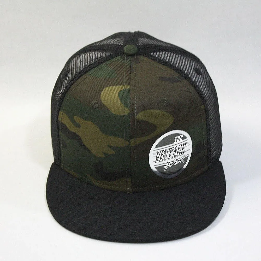 The Vintage Year Plain Cotton Twill Flat Brim Mesh Adjustable Snapback Trucker Baseball Cap