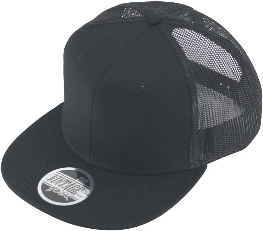 The Vintage Year Plain Cotton Twill Flat Brim Mesh Adjustable Snapback Trucker Baseball Cap