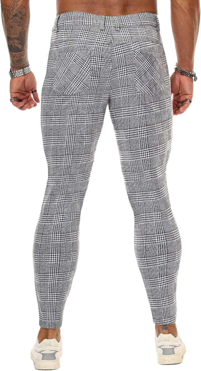 TRGPSG Plaid Skinny Chinos Pants Men Stretch Slim Fit Dress Pants