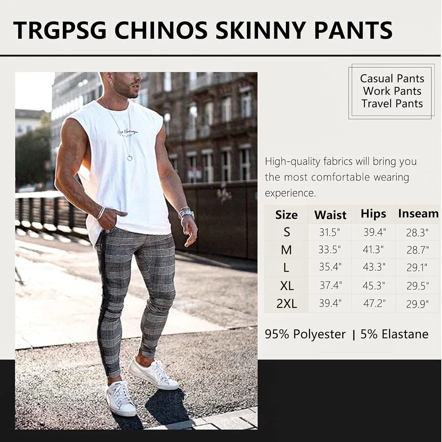 TRGPSG Plaid Skinny Chinos Pants Men Stretch Slim Fit Dress Pants