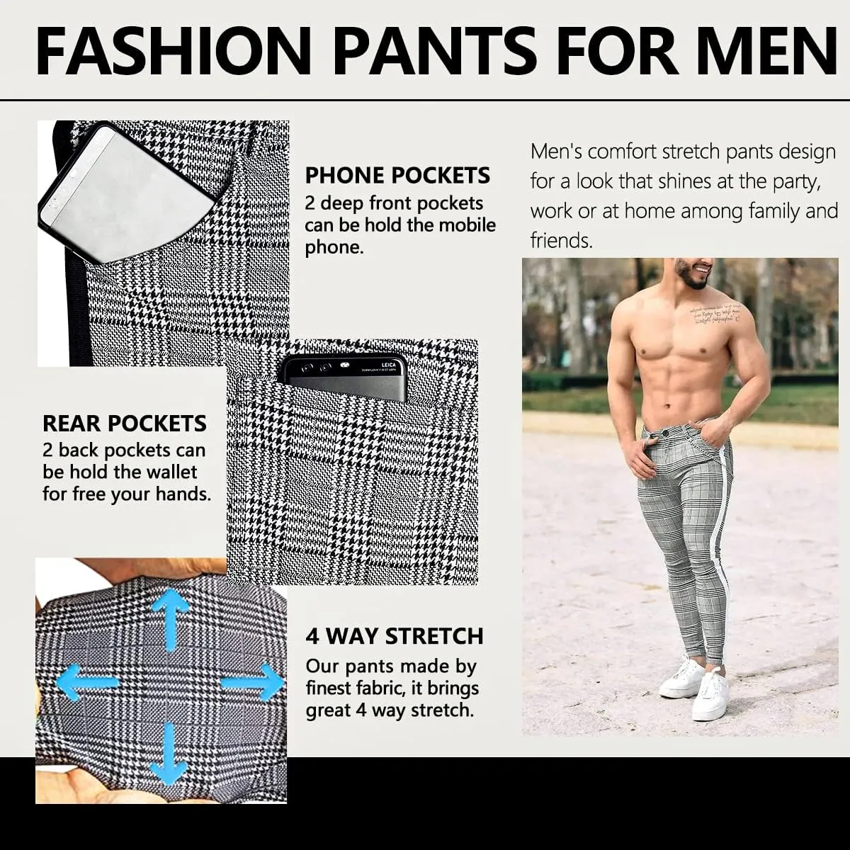 TRGPSG Plaid Skinny Chinos Pants Men Stretch Slim Fit Dress Pants