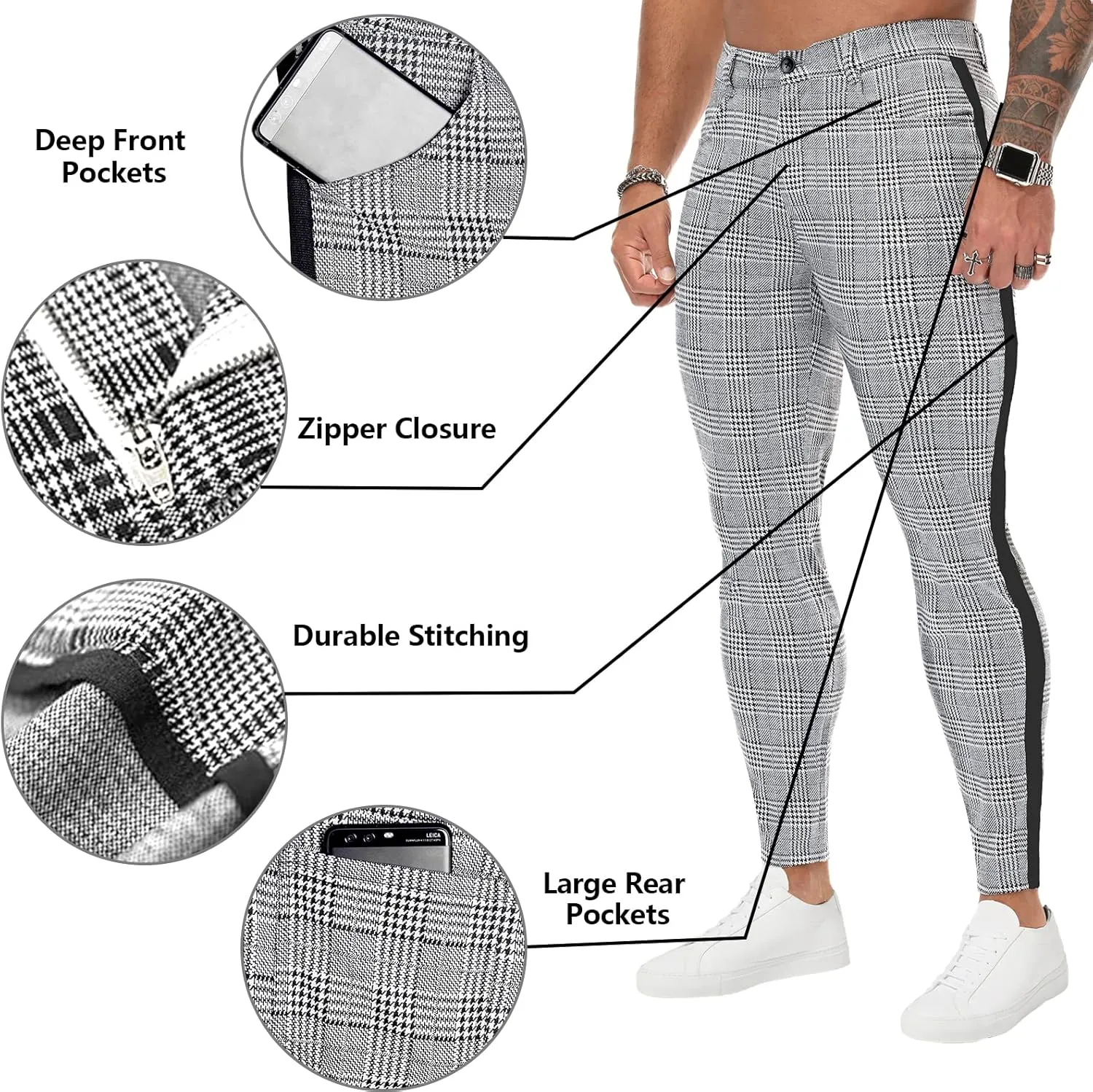 TRGPSG Plaid Skinny Chinos Pants Men Stretch Slim Fit Dress Pants