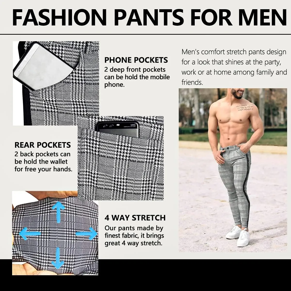 TRGPSG Plaid Skinny Chinos Pants Men Stretch Slim Fit Dress Pants