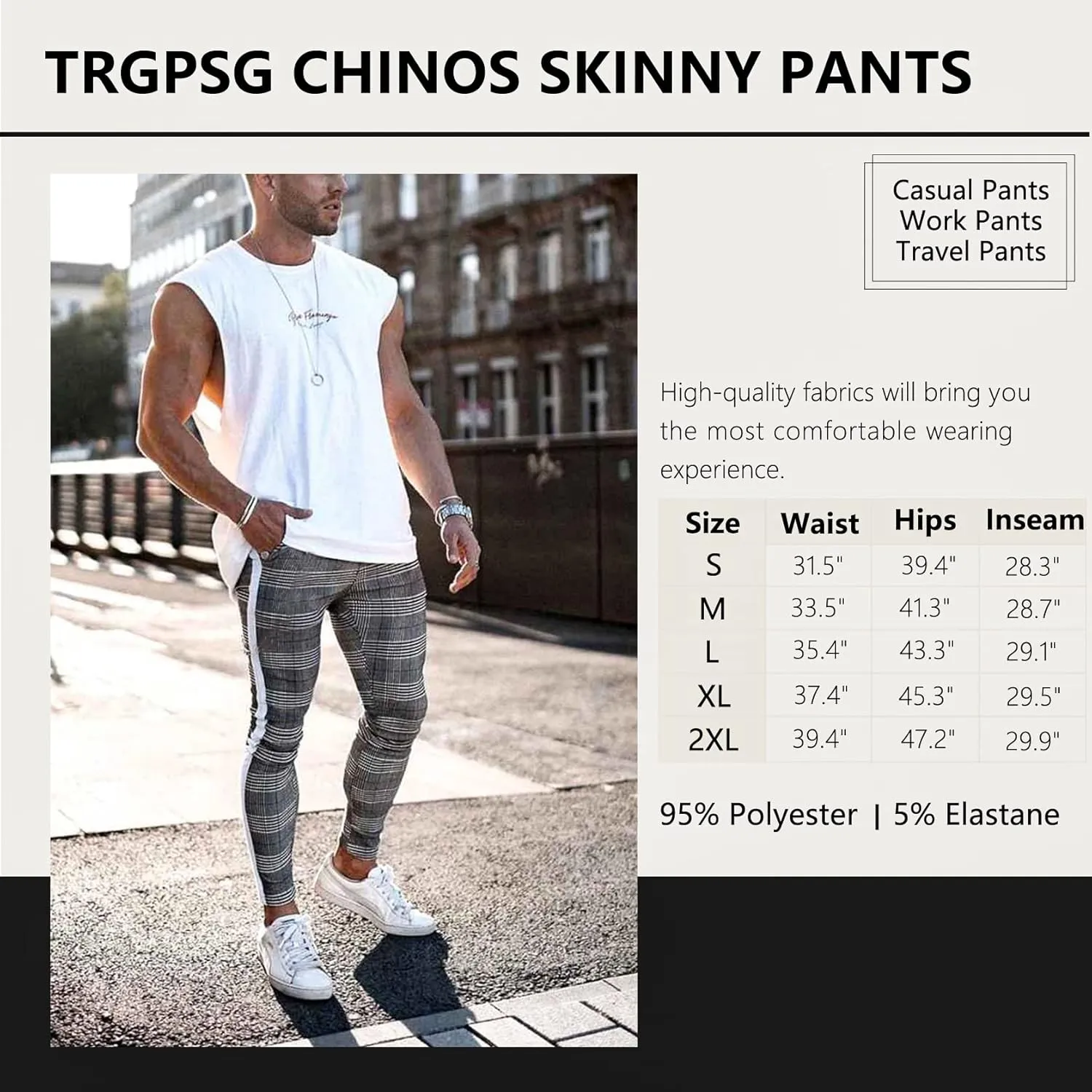 TRGPSG Plaid Skinny Chinos Pants Men Stretch Slim Fit Dress Pants