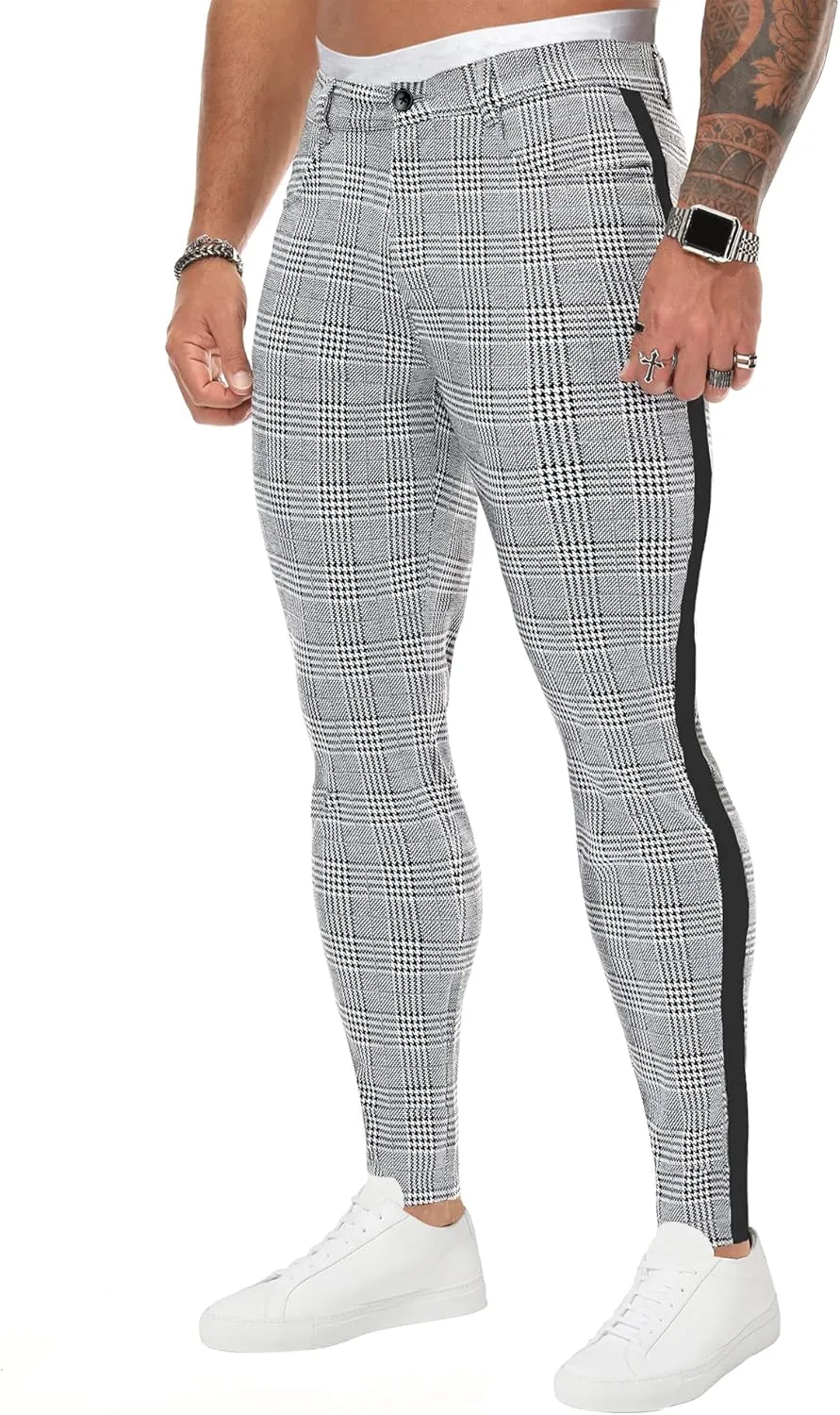 TRGPSG Plaid Skinny Chinos Pants Men Stretch Slim Fit Dress Pants