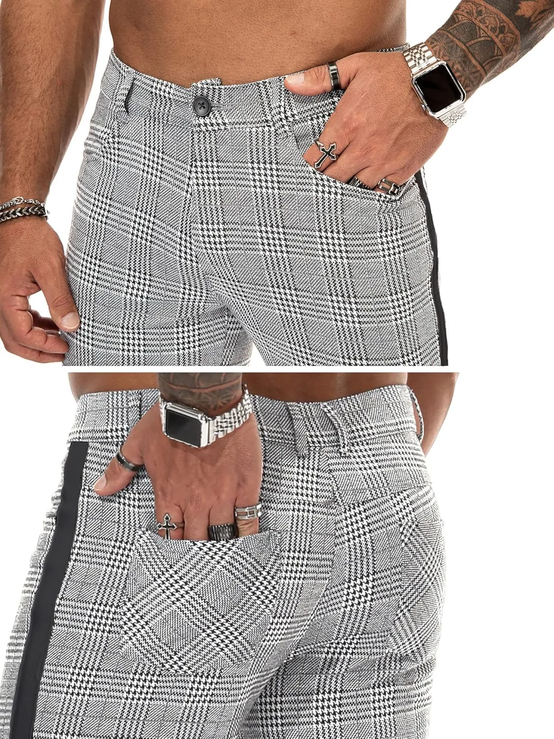 TRGPSG Plaid Skinny Chinos Pants Men Stretch Slim Fit Dress Pants