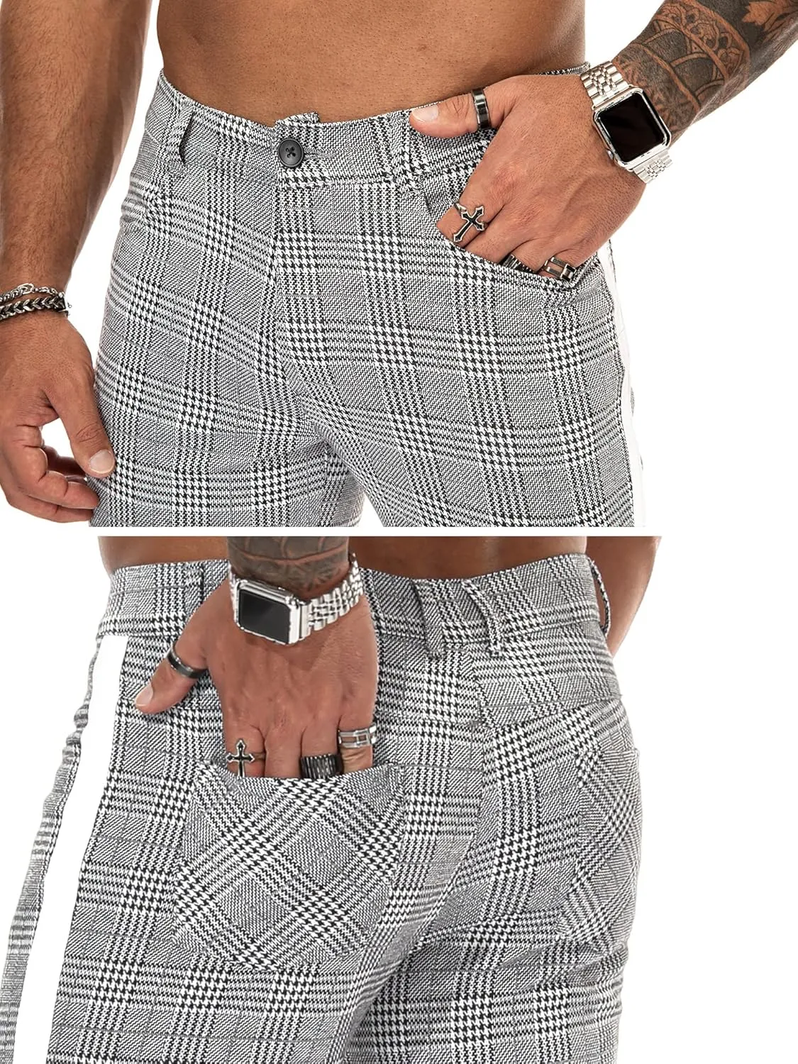 TRGPSG Plaid Skinny Chinos Pants Men Stretch Slim Fit Dress Pants