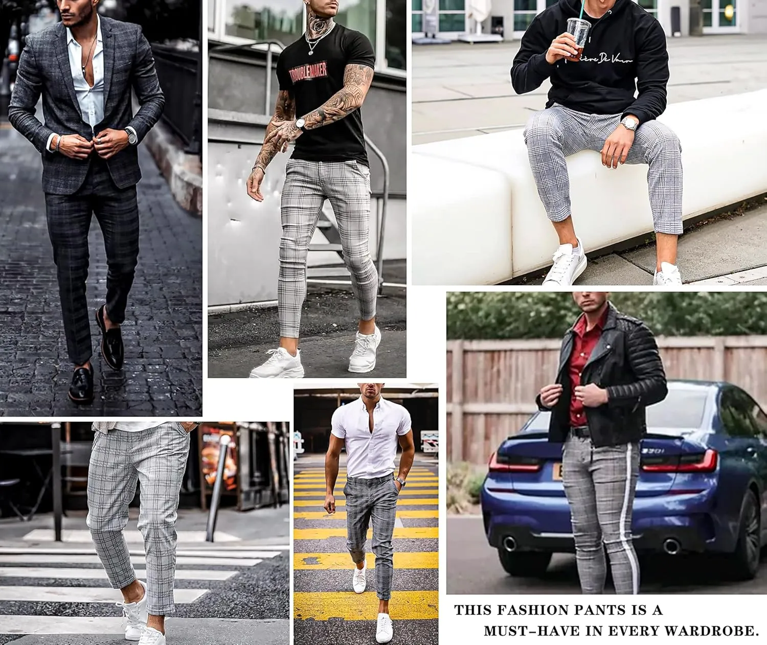 TRGPSG Plaid Skinny Chinos Pants Men Stretch Slim Fit Dress Pants