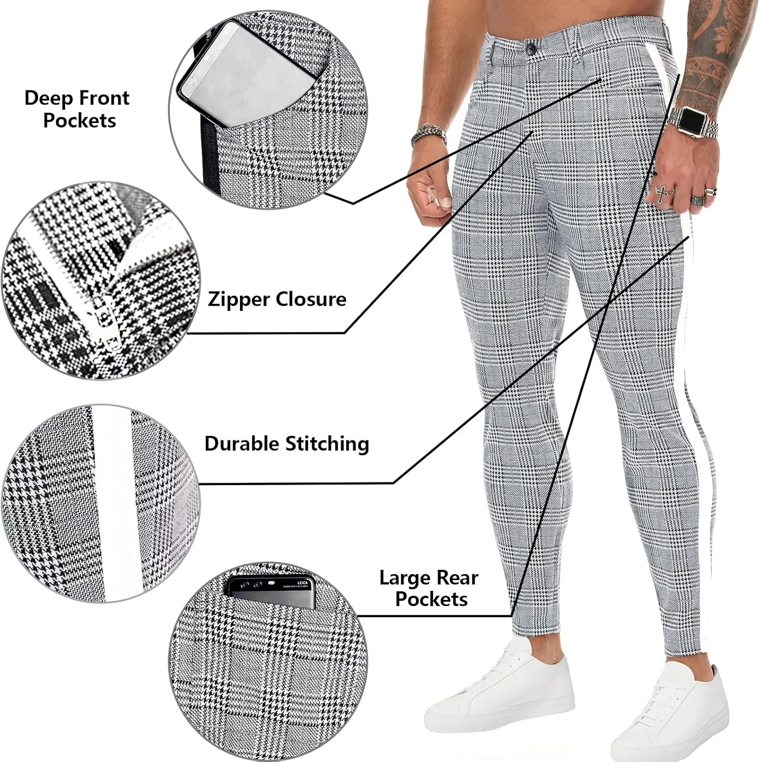 TRGPSG Plaid Skinny Chinos Pants Men Stretch Slim Fit Dress Pants