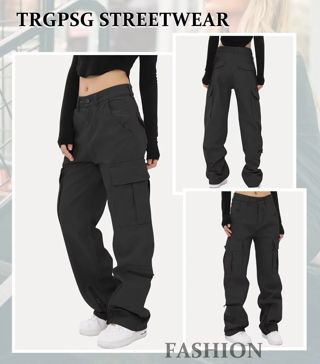 TRGPSG Womens Cargo Pants, Y2K Casual Pants Parachute Pants Relaxed Fit Streetwear with Multiple Pockets