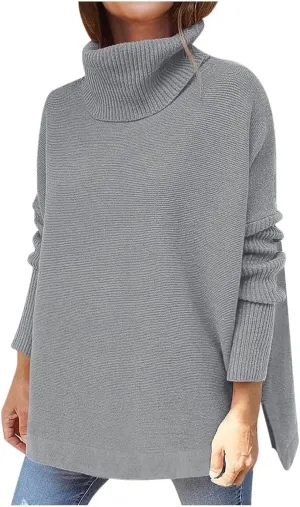 tuduoms Turtleneck Sweater Women Ladies Oversized Long Sleeve Irregular Hem Winter Pullover Knit Tops Long Sweater Dress