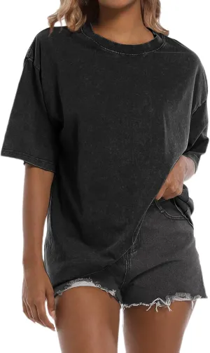 Tuislay Oversized Tshirt Shirts for Women Vintage Acid Wash T Shirt Cotton Casual Baggy Boyfriend Teens Basic Grunge Tees Top