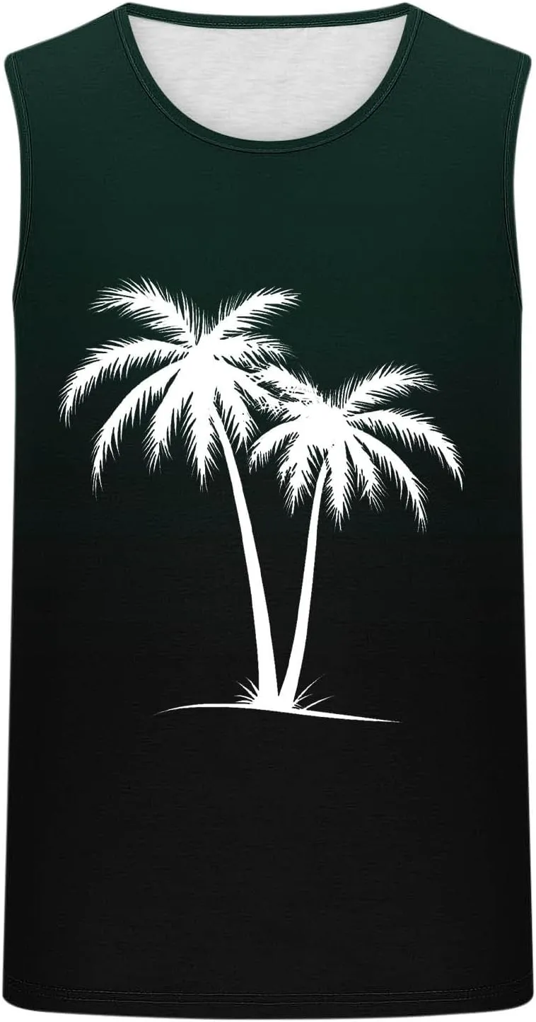 Uillui Mens Tank Tops Summer Beach Vacation Sleeveless Shirts Casual Palm Graphic Muscle Gym Workout Tee Tank Tops Loose Fit