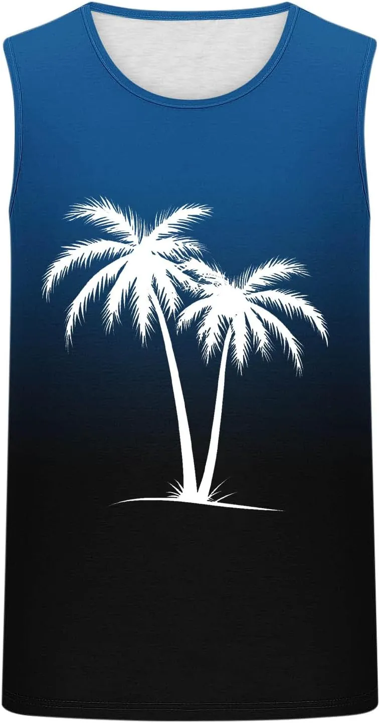 Uillui Mens Tank Tops Summer Beach Vacation Sleeveless Shirts Casual Palm Graphic Muscle Gym Workout Tee Tank Tops Loose Fit