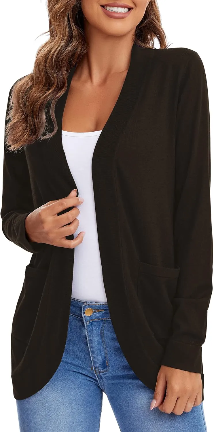 Urban CoCo Women's Long Sleeve Knit Sweater Cardigans Curved Hem Open Front with Pockets