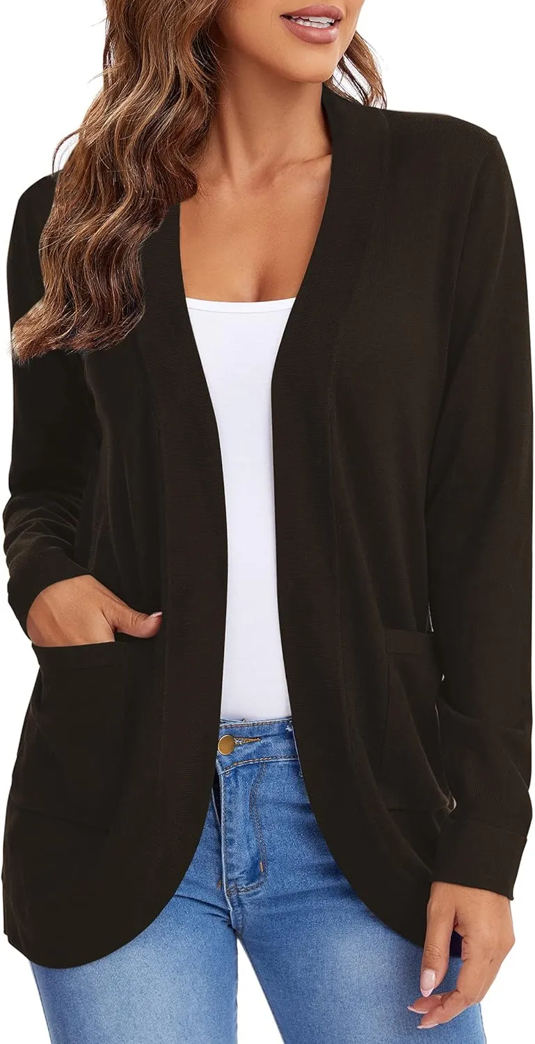 Urban CoCo Women's Long Sleeve Knit Sweater Cardigans Curved Hem Open Front with Pockets