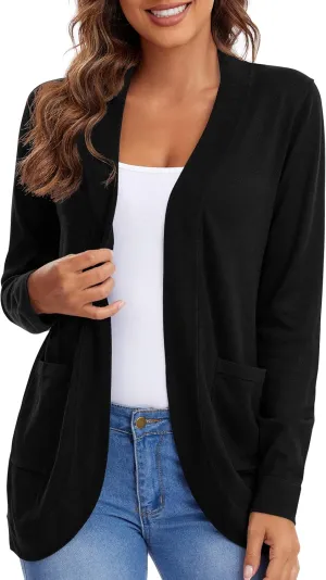 Urban CoCo Women's Long Sleeve Knit Sweater Cardigans Curved Hem Open Front with Pockets