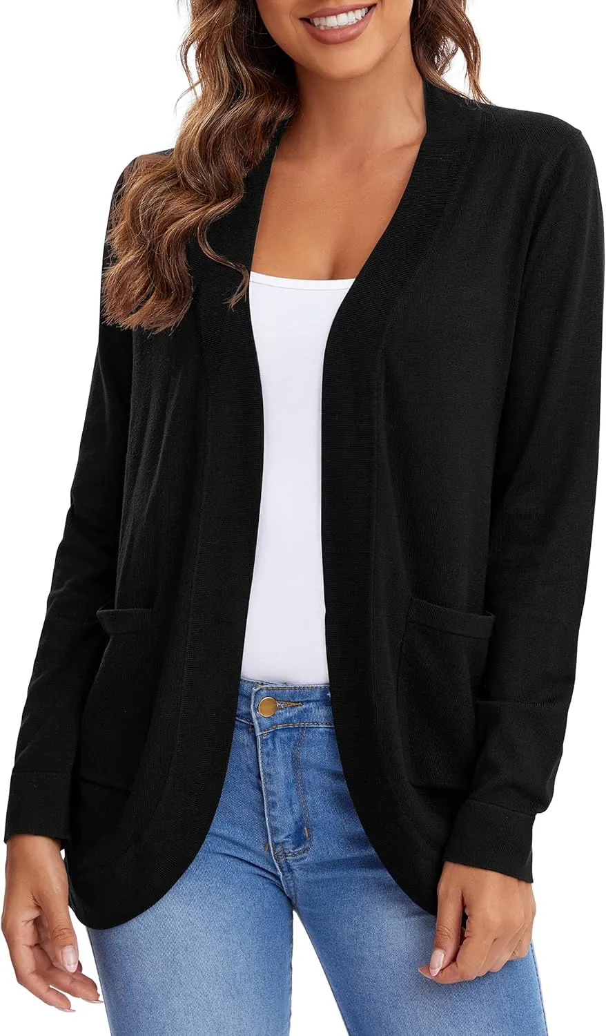 Urban CoCo Women's Long Sleeve Knit Sweater Cardigans Curved Hem Open Front with Pockets