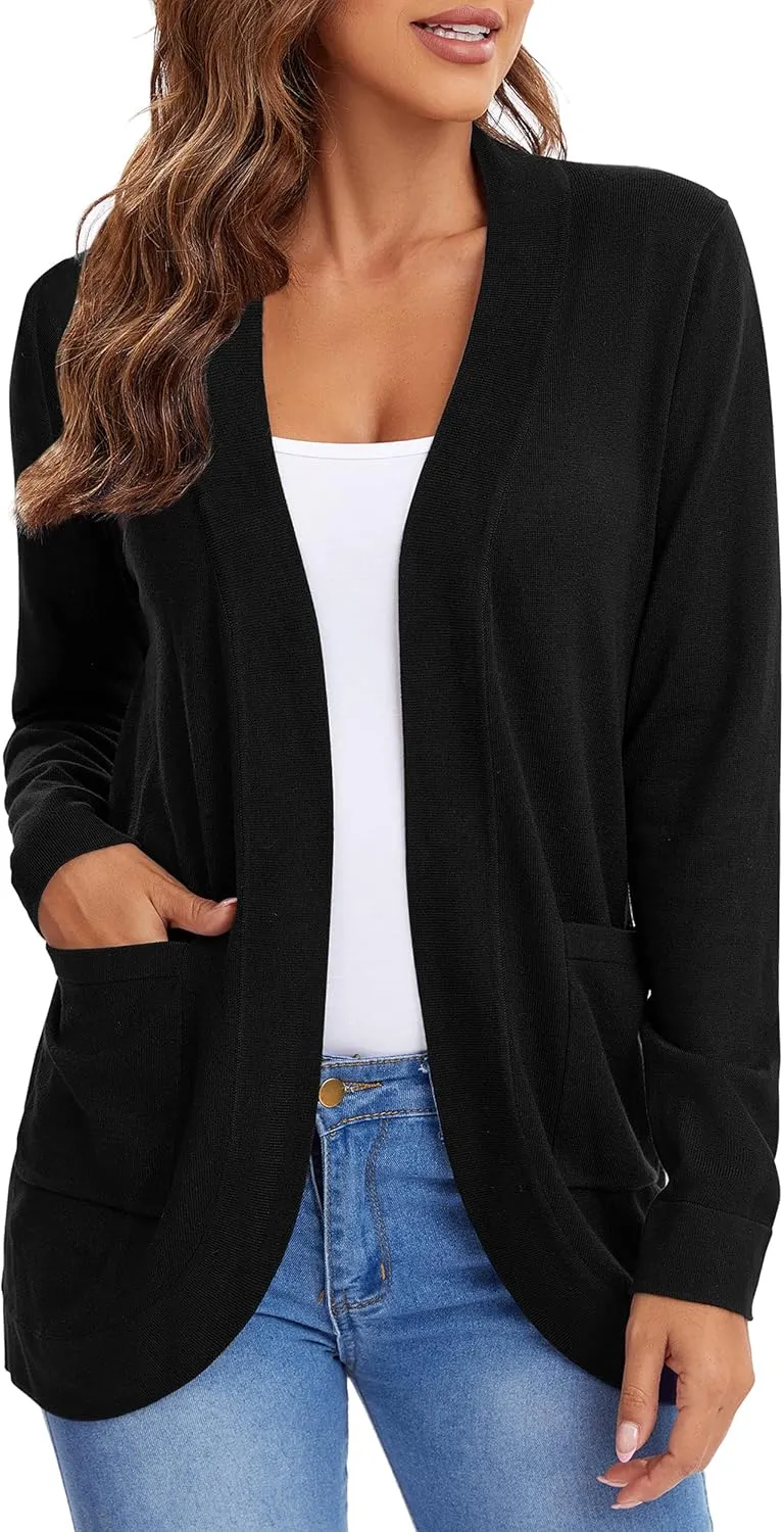 Urban CoCo Women's Long Sleeve Knit Sweater Cardigans Curved Hem Open Front with Pockets