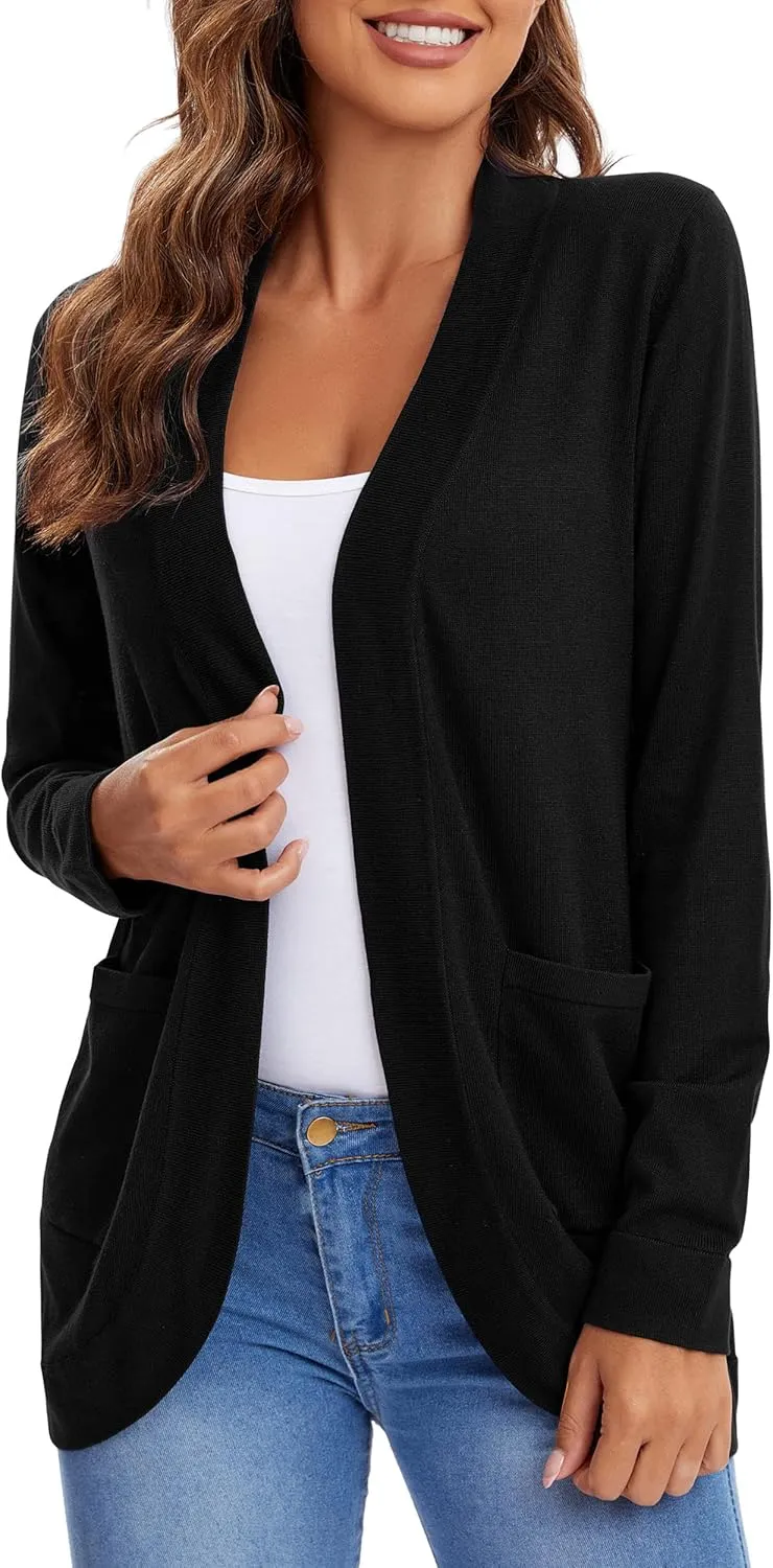 Urban CoCo Women's Long Sleeve Knit Sweater Cardigans Curved Hem Open Front with Pockets
