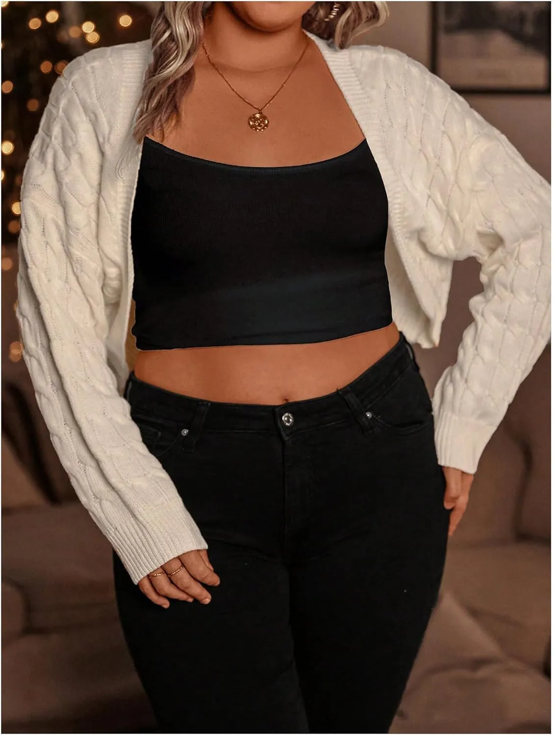 Verdusa Women's Plus Size Long Sleeve Loose Crop Cardigans Open Front Knit Shrug