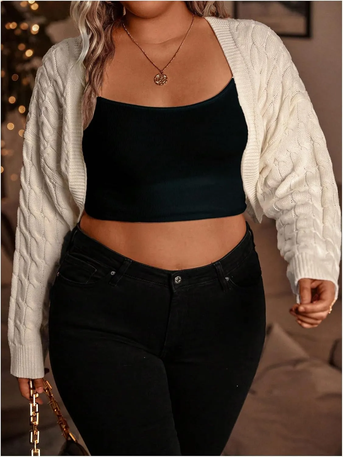 Verdusa Women's Plus Size Long Sleeve Loose Crop Cardigans Open Front Knit Shrug