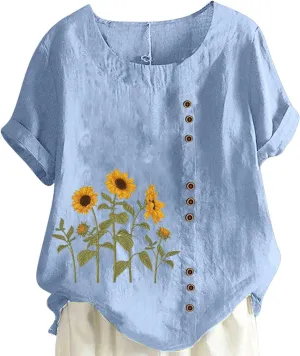 Vintage Shirts for Women 2025 Fashion Short Sleeve Crewneck Cotton Linen Tops Summer Causal Floral Print Boho Blouse