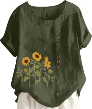 Vintage Shirts for Women 2025 Fashion Short Sleeve Crewneck Cotton Linen Tops Summer Causal Floral Print Boho Blouse