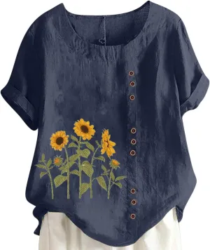 Vintage Shirts for Women 2025 Fashion Short Sleeve Crewneck Cotton Linen Tops Summer Causal Floral Print Boho Blouse
